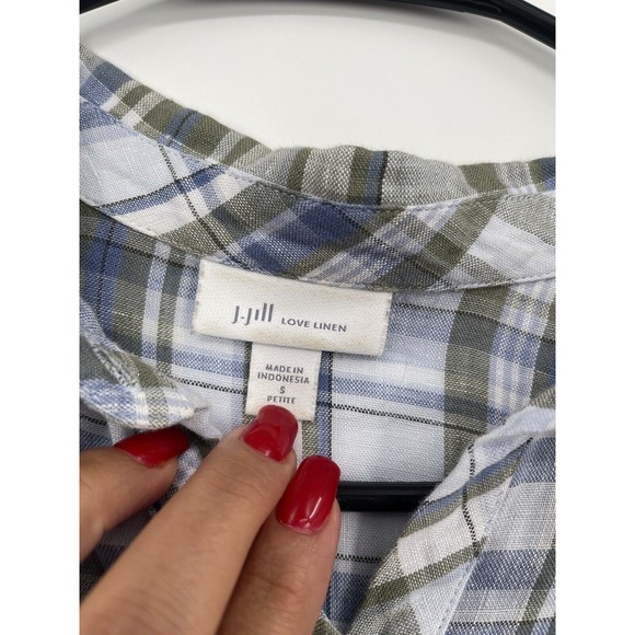 J JILL Tunic PS Shirt Plaid 100% Linen 1/2 Button Front Roll Tab Sleeve Blue - Picture 2 of 6